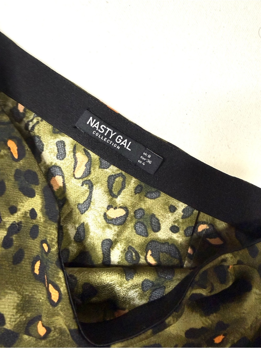 Nasty Gal Olive Green Leopard Print Satin Midi Drop Skirt Size 4 - Picture 5 of 6